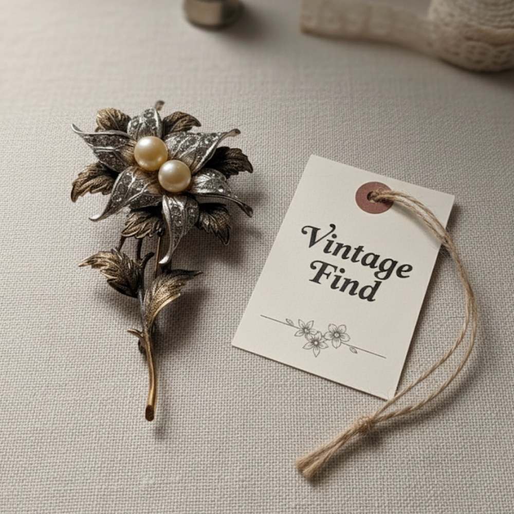 Rare Vintage Two-Tone Rhinestone & Faux Pearl Flower Brooch